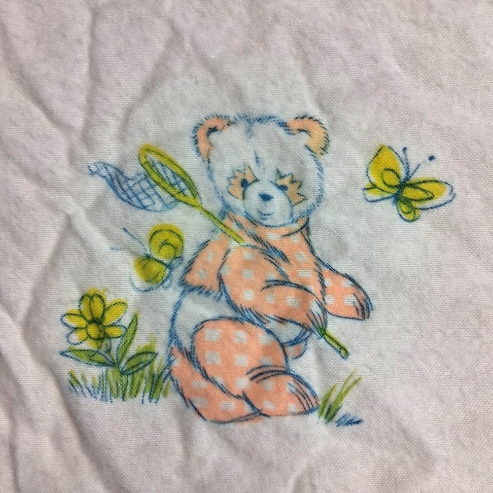 Vintage Fuzzy Baby Bear Receiving Blanket Blue Yellow Pink Beacon? White SOFT - Picture 3 of 7